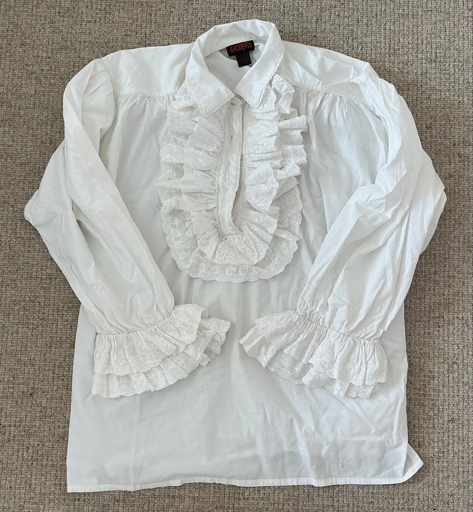 Overhemd met rouches wit maat L, gothic, punk, Ophalen of Verzenden, Zo goed als nieuw, Wit, Halswijdte 41/42 (L)