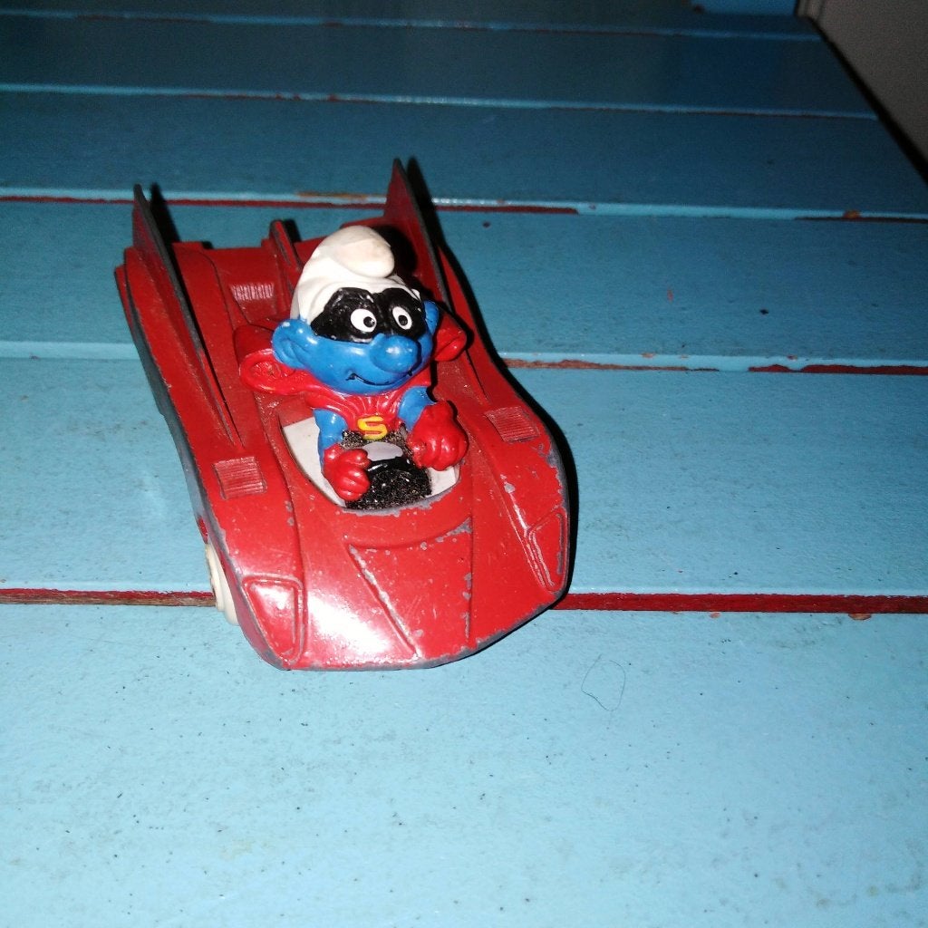 Smurf Samenzweerder in racewagen, Ophalen, Gebruikt, Overige Smurfen, Poppetje, Figuurtje of Knuffel