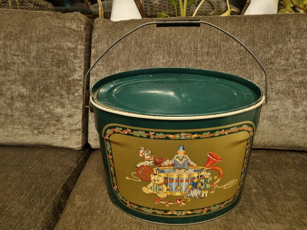 Vintage blikken opbergdoos met hengsel Speelgoed/Verzameling, Ophalen of Verzenden, Gebruikt, Overige, Overige merken