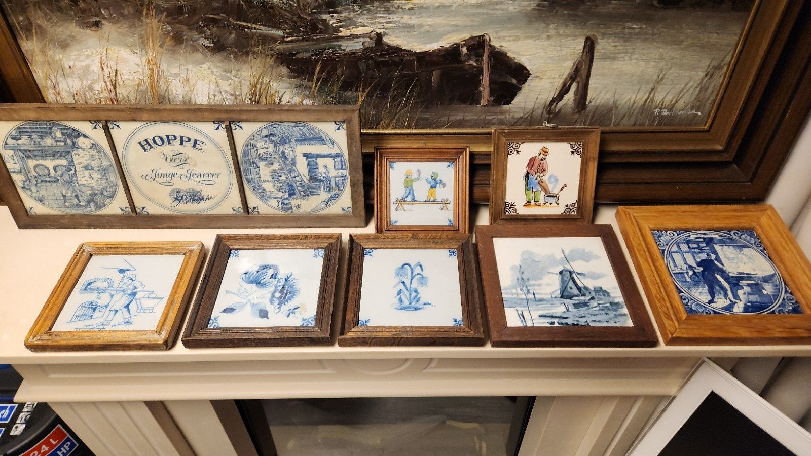 Set van 4 Blauwe Tegels in Houten Lijsten, Antiek en Kunst, Ophalen of Verzenden