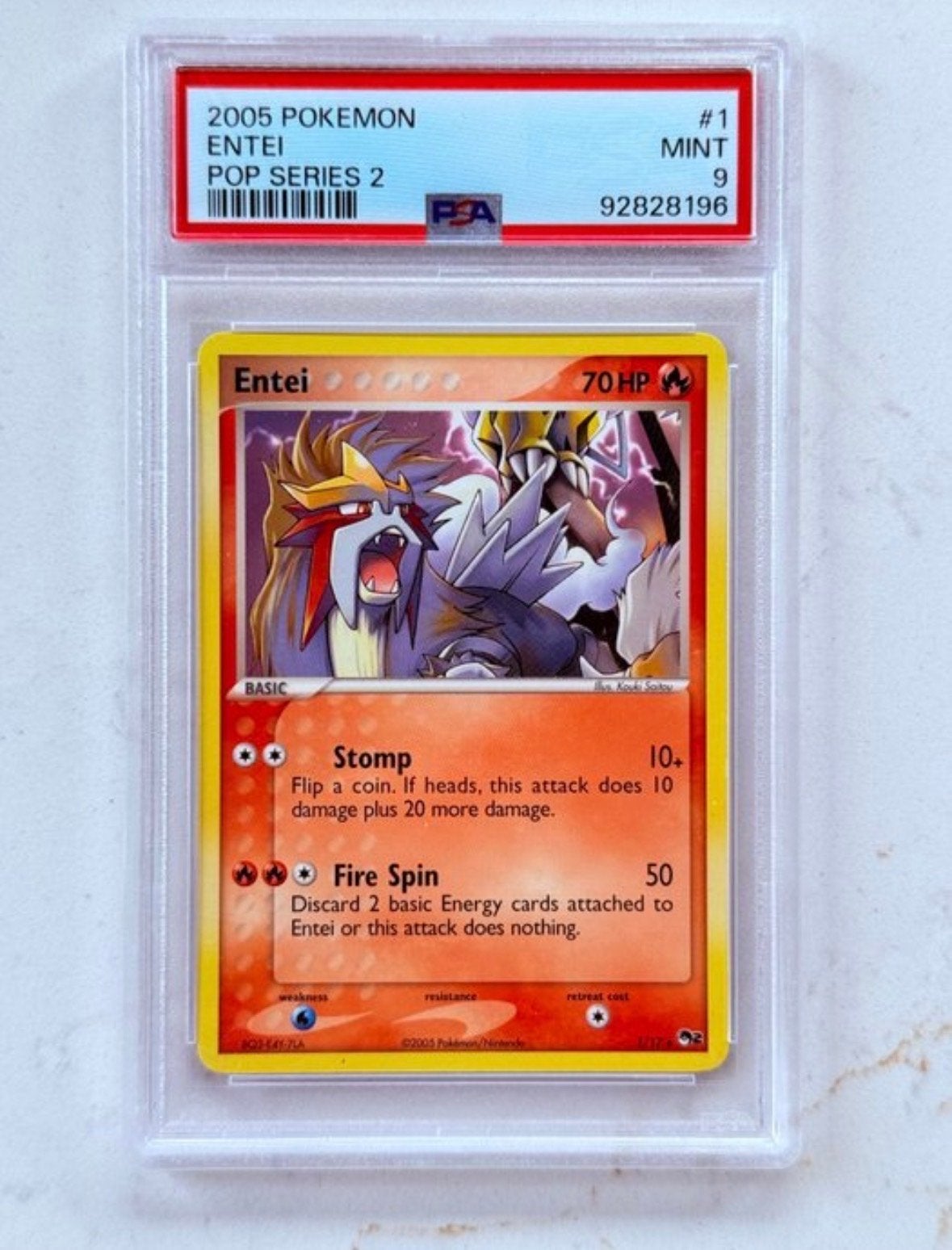 Entei POP Series 2 PSA 9 Pokémon Kaart, Ophalen of Verzenden, Zo goed als nieuw, Losse kaart