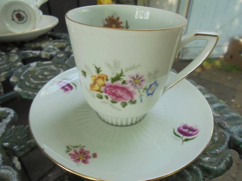 Koffiekop en schotel Jarolina met roze en gele roos, Ophalen of Verzenden