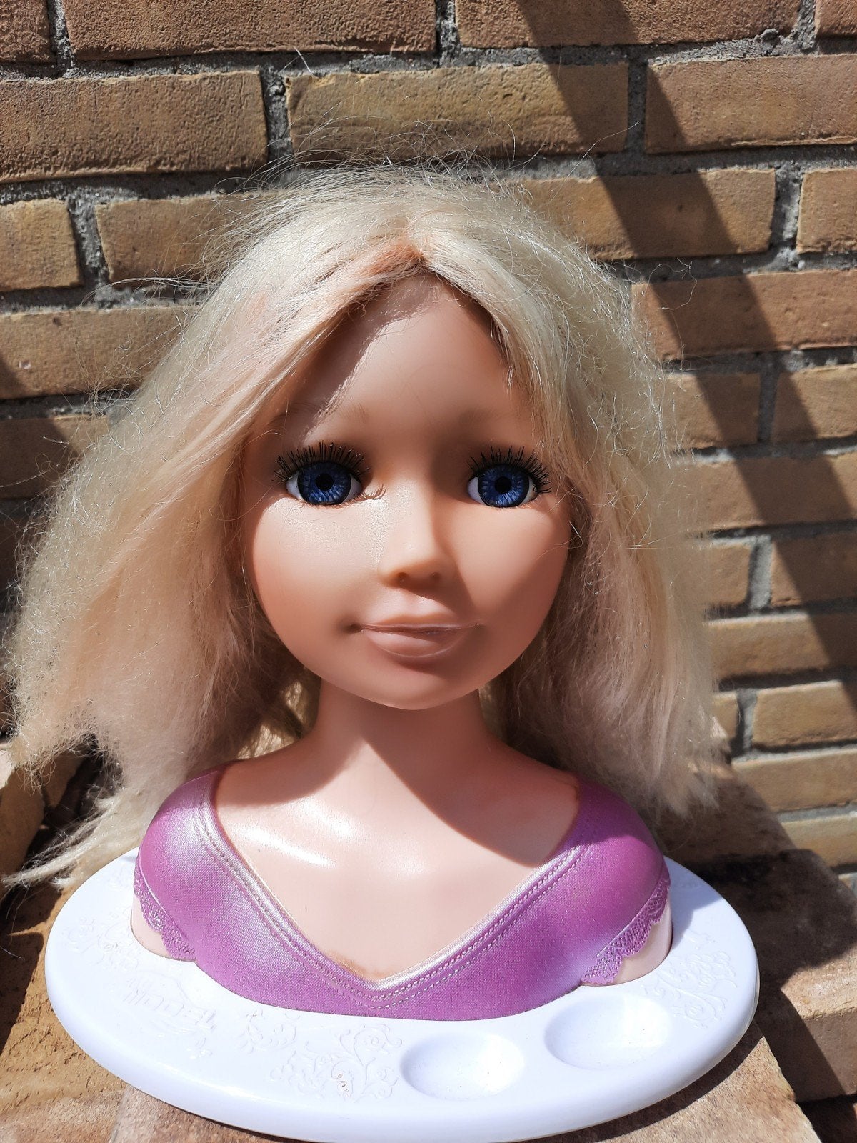 Kappershoofd pop met blond haar en blauwe ogen/opmaakpop, Ophalen of Verzenden, Gebruikt, Overige typen