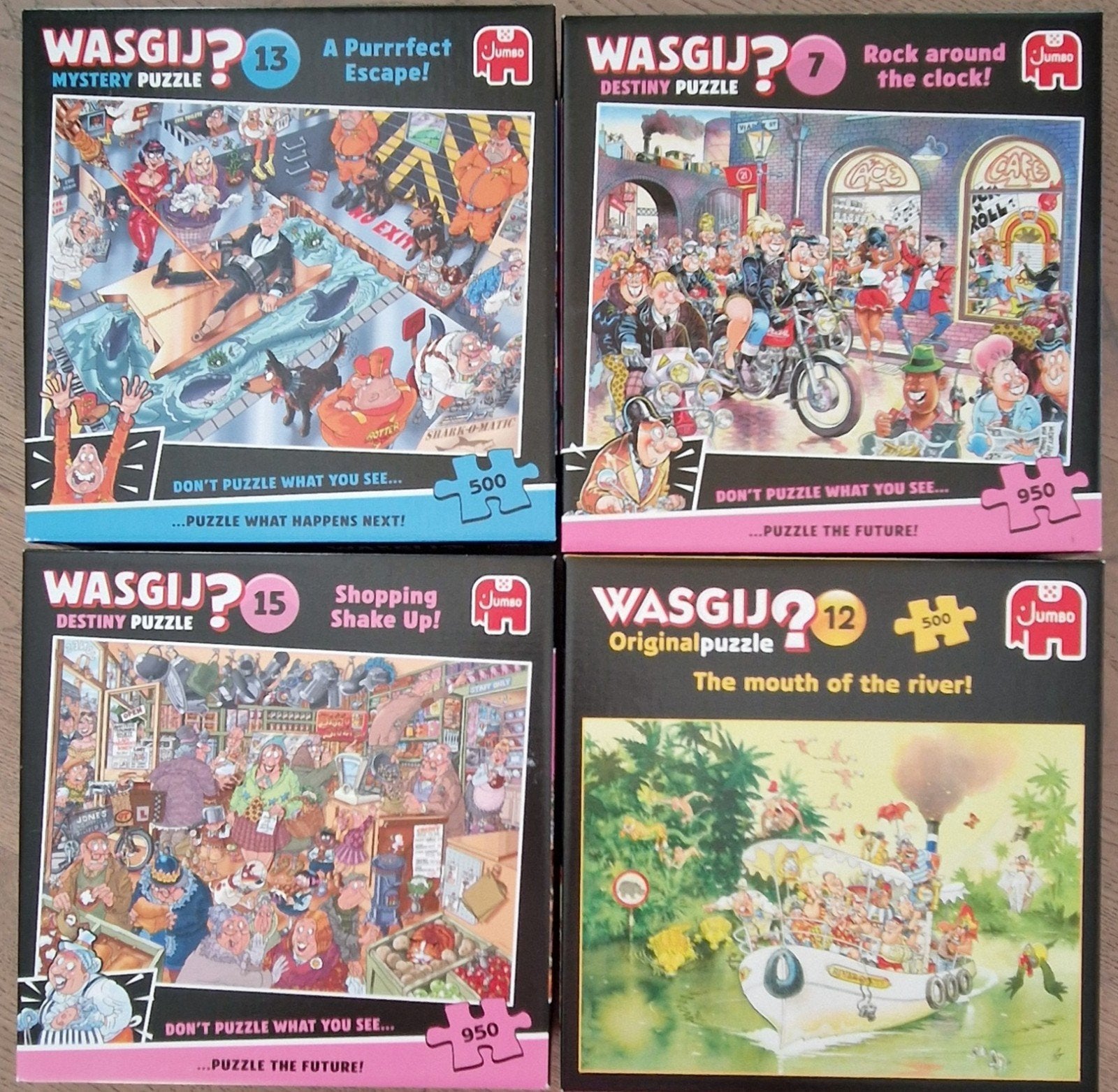 Wasgij Puzzels - Set van 4 (500 en 950 stukjes), Hobby en Vrije tijd, Denksport en Puzzels, Gebruikt, Legpuzzel, 500 t/m 1500 stukjes