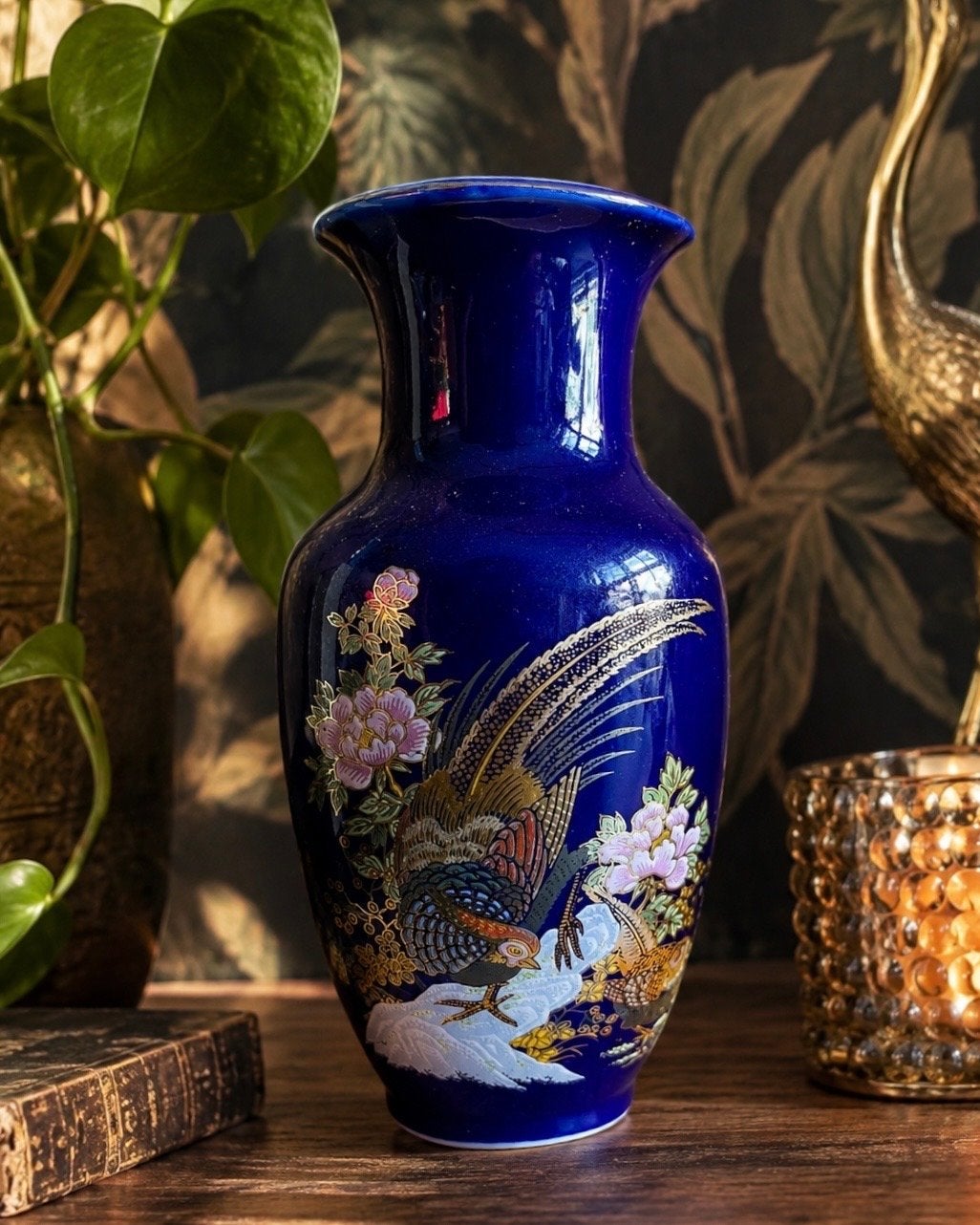 Vintage Japanse Kobaltblauwe Vaas met Fazant en Bloemen, Ophalen of Verzenden