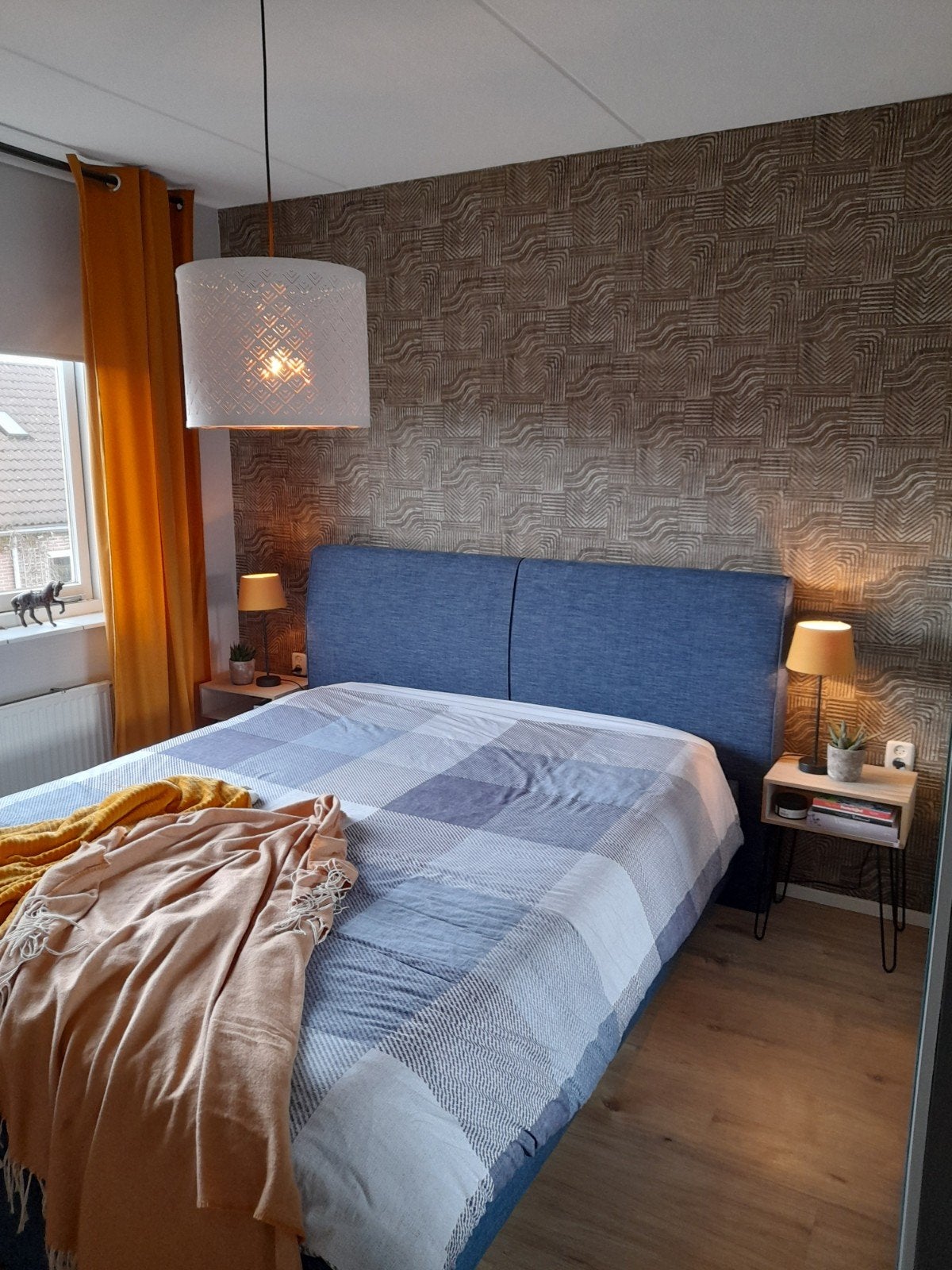 Tweepersoonsbed 160x210 cm - Blauw stof, Ophalen, Gebruikt, Blauw, 210 cm