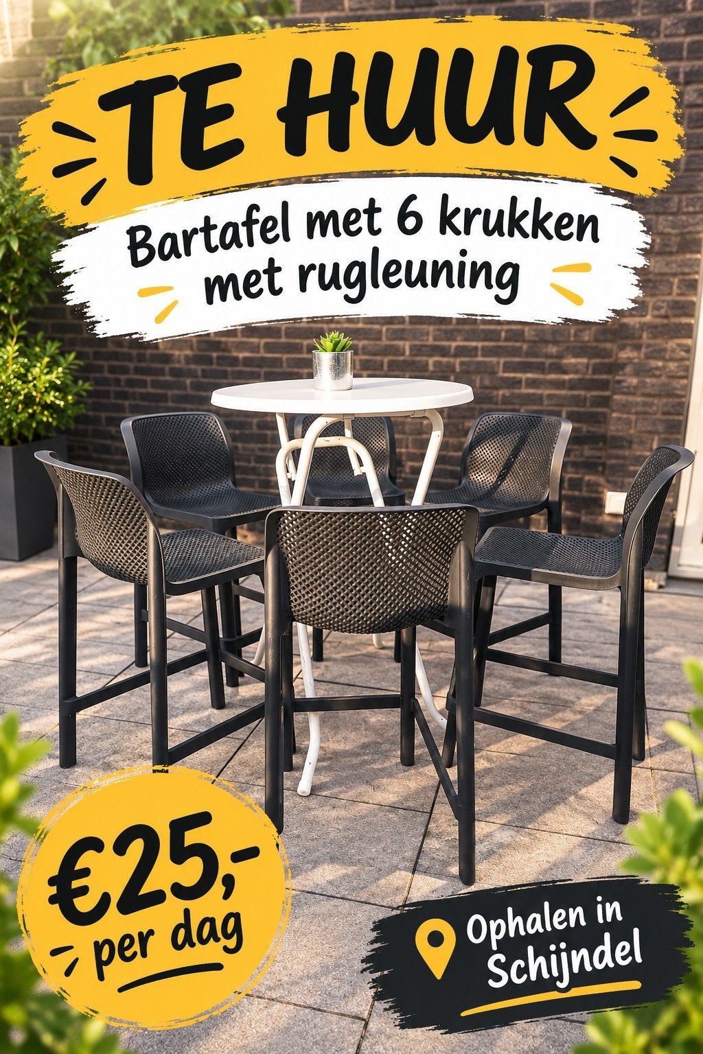Bartafel met 6 krukken met rugleuning, Huis en Inrichting, Ophalen, Met voetsteun, 90 cm of meer, Kunststof