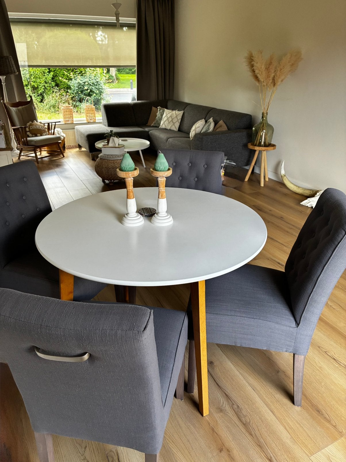 4 landelijke eetkamerstoelen, Huis en Inrichting, Stoelen, Ophalen, Zo goed als nieuw, Grijs, Vijf, Zes of meer stoelen