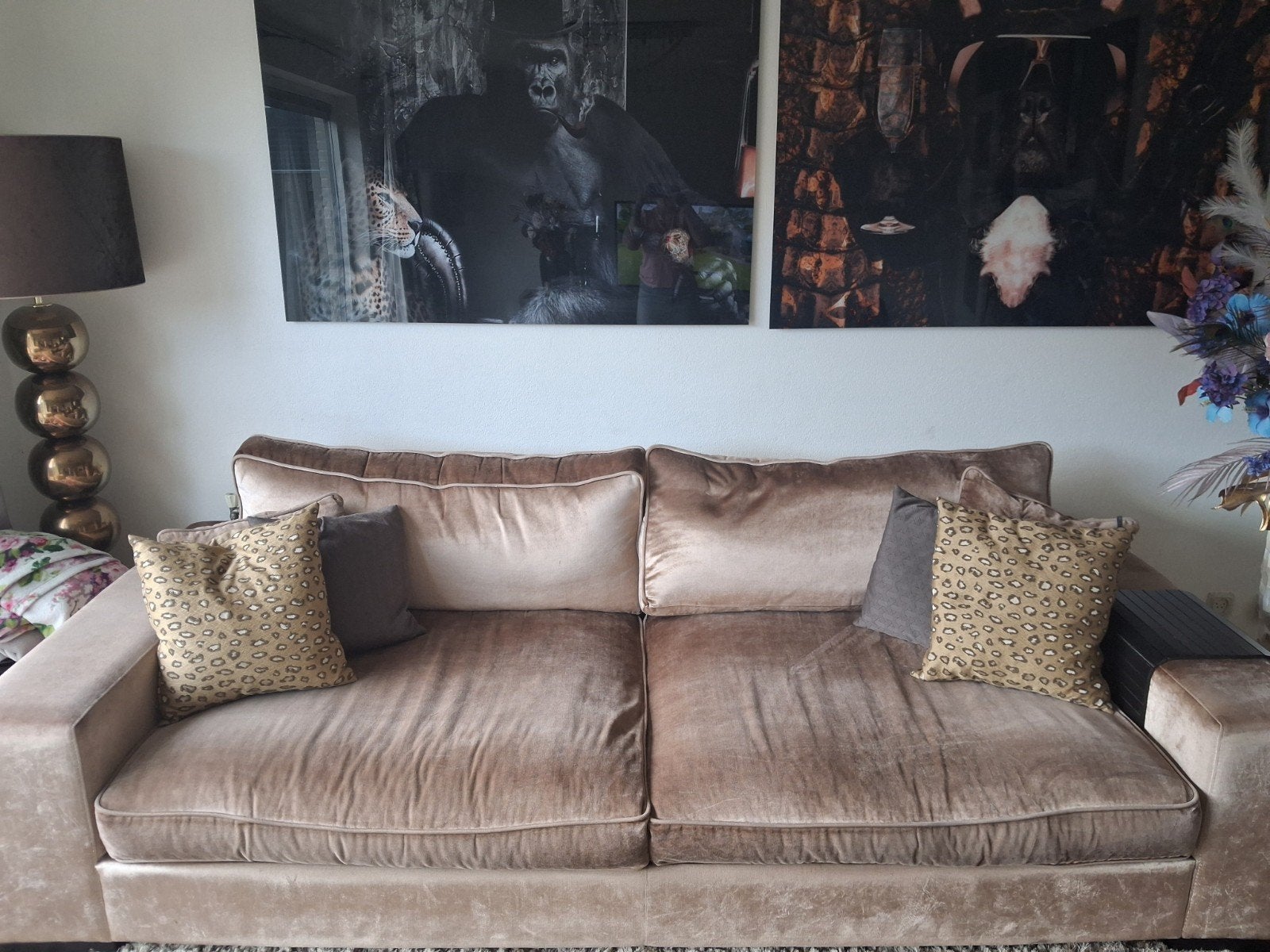 Comfortabele bankstel, fauteuil en pouf- Taupee velvet, Ophalen, Modern, Comfortabel, Eenpersoons, 150 tot 200 cm