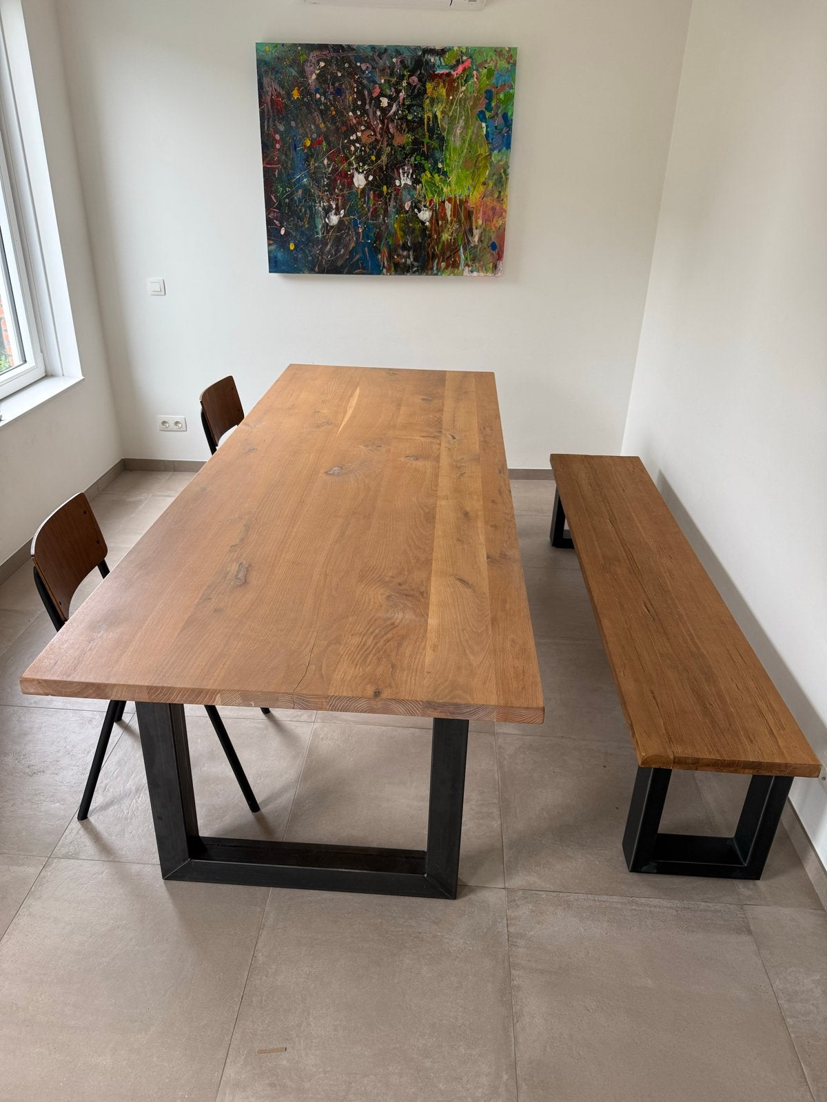 Eikenhouten eettafel met metalen onderstel (260x100x4 cm), 100 tot 150 cm, Eikenhout, 200 cm of meer, Ophalen of Verzenden