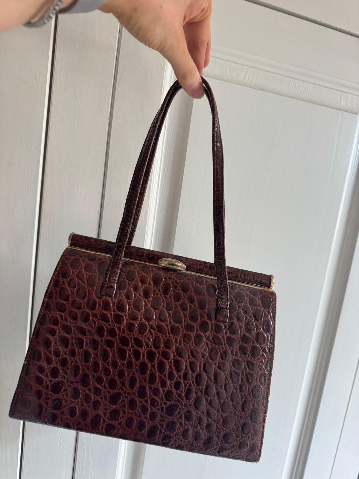 Vintage Bruine Krokodillenprint Handtas, Sieraden, Tassen en Uiterlijk, Ophalen, Gebruikt, Bruin, Handtas