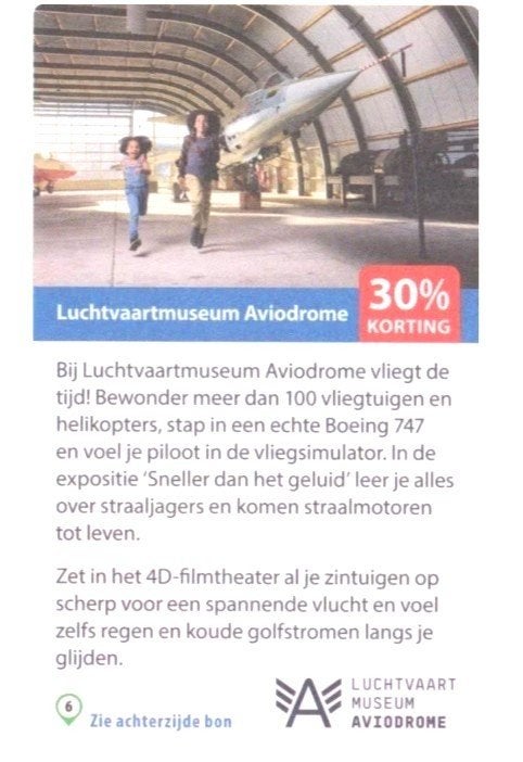 Luchtvaartmuseum Aviodrome 30% korting, Tickets en Kaartjes, Drie personen of meer, Kortingskaart