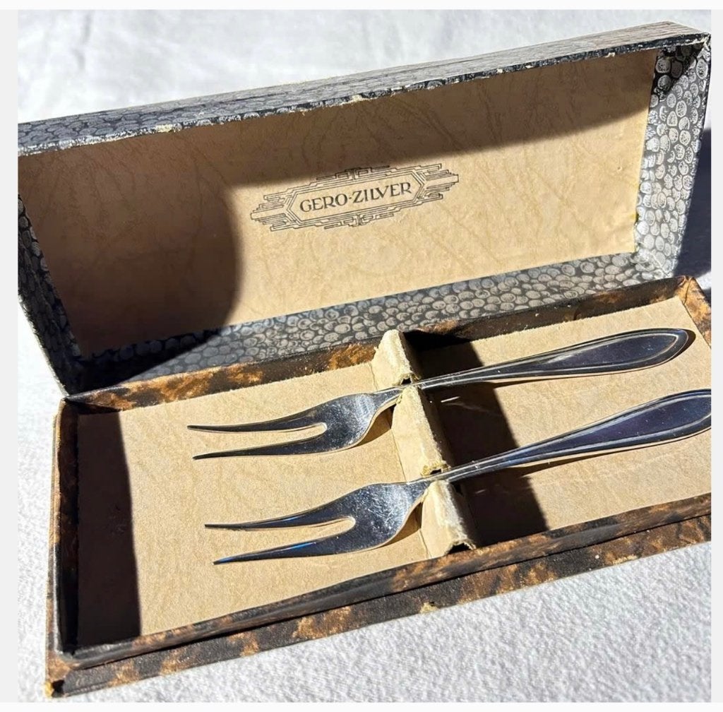Vintage 2 verzilverde Keltum vleesvorkjes in Gero doos, Ophalen of Verzenden