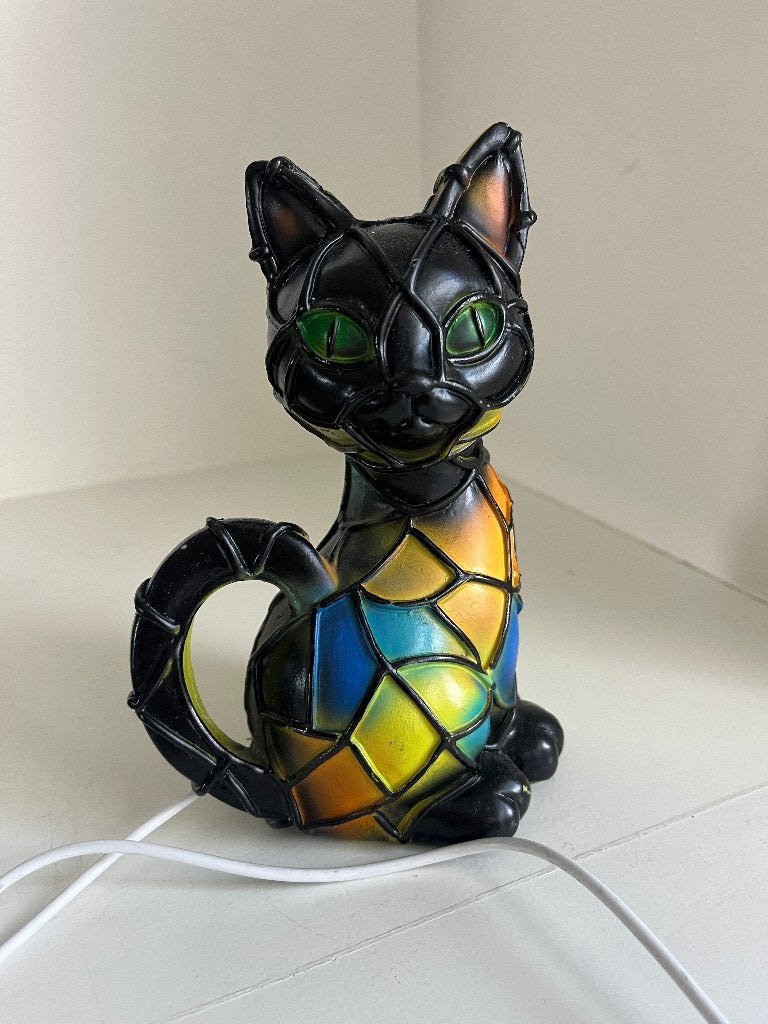 Kattenlampje in Tiffany/mozaïek stijl, Huis en Inrichting, Lampen | Tafellampen, Ophalen of Verzenden, Gebruikt, Kunststof