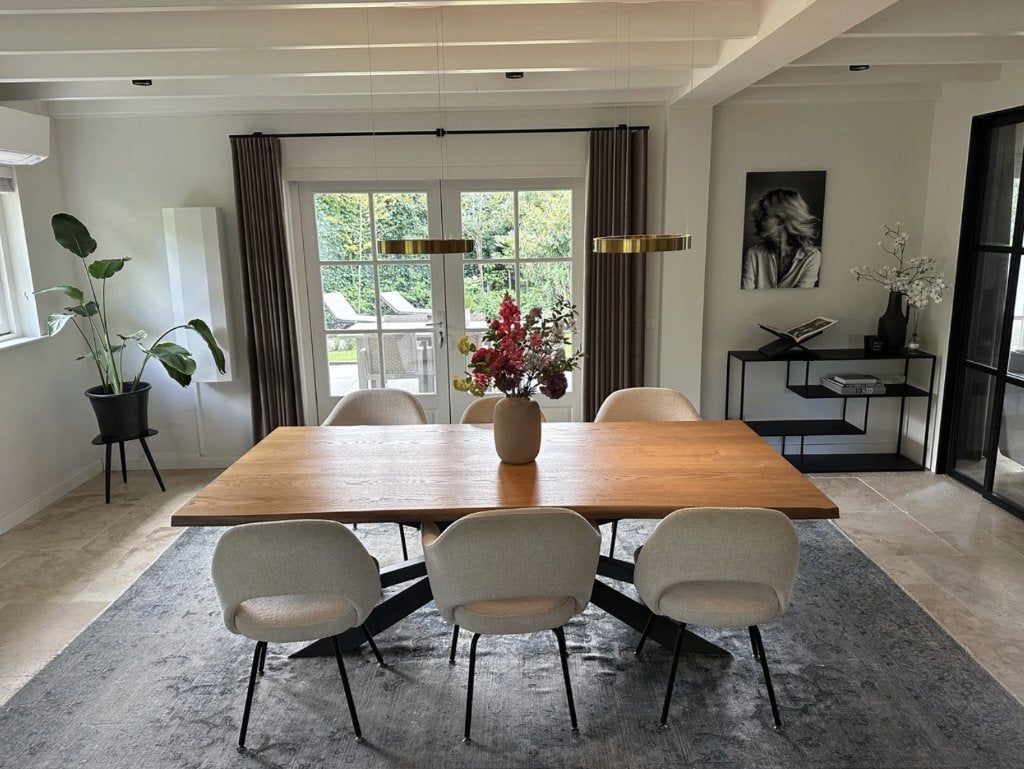 Spyder Wood tafel + 6 originele Knoll Saarinen stoelen, Ophalen, Zo goed als nieuw, Modern, 4 tot 6 stoelen