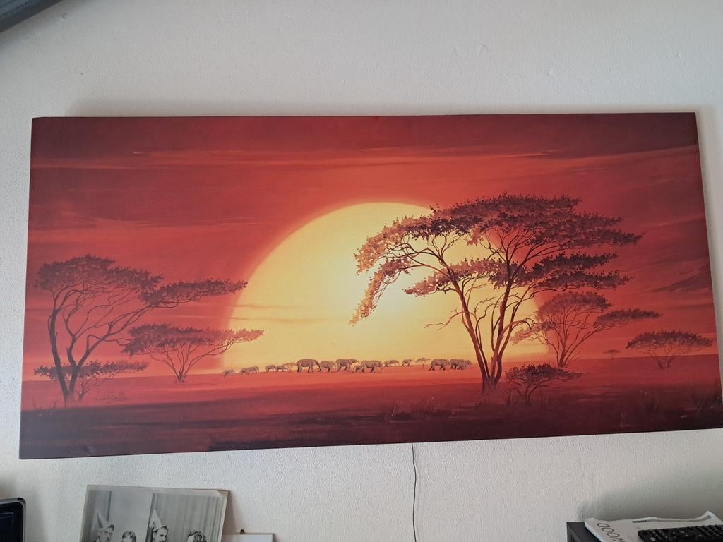Schilderij Afrikaanse Savanne Zonsondergang Olifanten, Ophalen