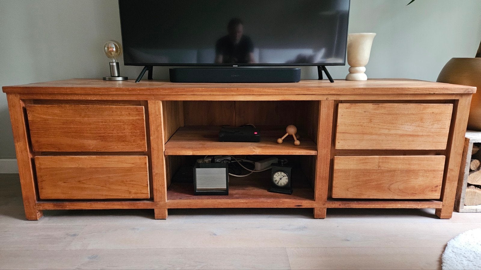 Tv meubel teak hout, Ophalen, Gebruikt, 150 tot 200 cm, Teakhout
