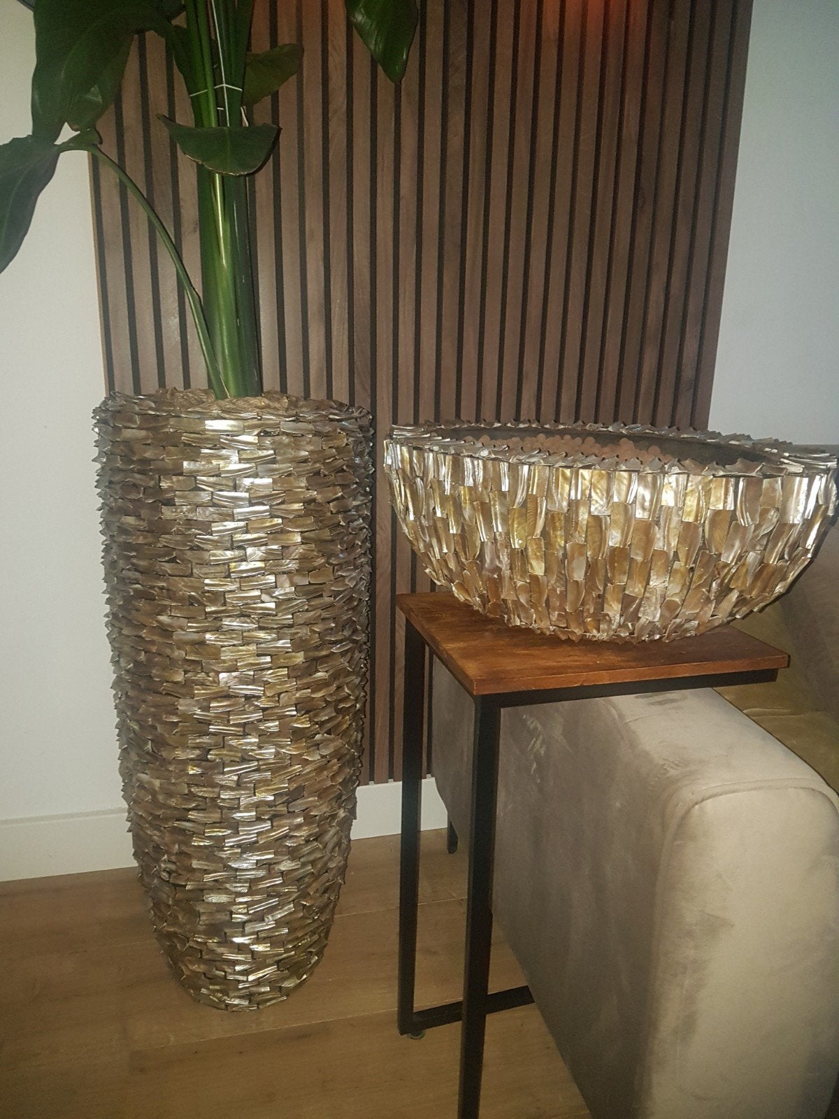 2x Grote plantenpot en schaal, schelpenvaas., Ophalen, Overige materialen, Rond, Nieuw