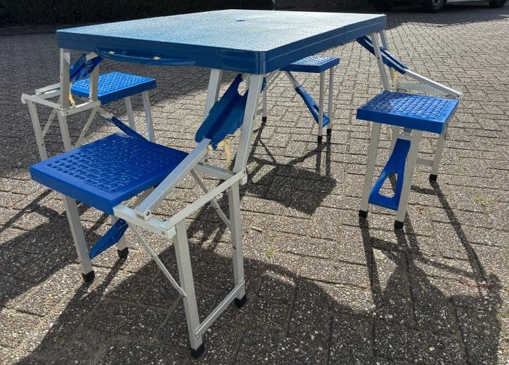 Opklapbare 4 pp Picknicktafel Koffermodel Blauw, Ophalen, Overige materialen, Gebruikt, Vierkant