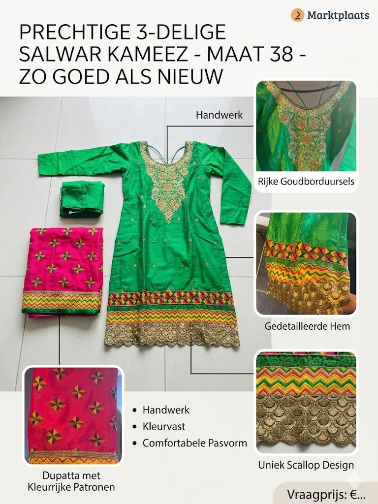 Prachtige 3-delige Salwar Kameez - Maat 38 - Zo goed als nie, Maat 38/40 (M), Ophalen of Verzenden, Zo goed als nieuw, Knielengte