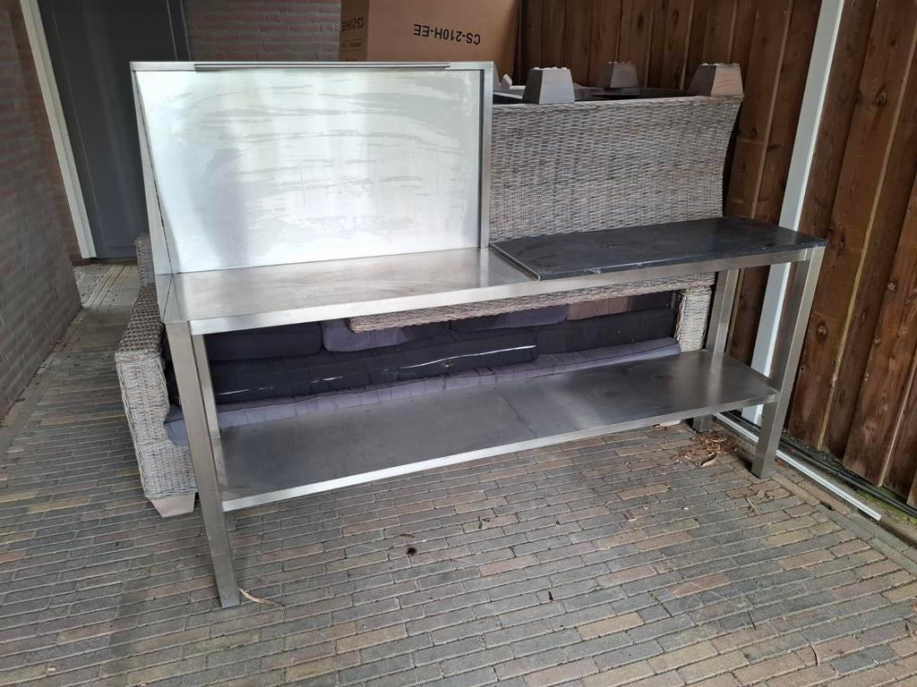 RVS (buiten)keuken en of werkbank met Steenblad, Huis en Inrichting, Ophalen, 100 tot 150 cm, Zo goed als nieuw, 200 cm of meer