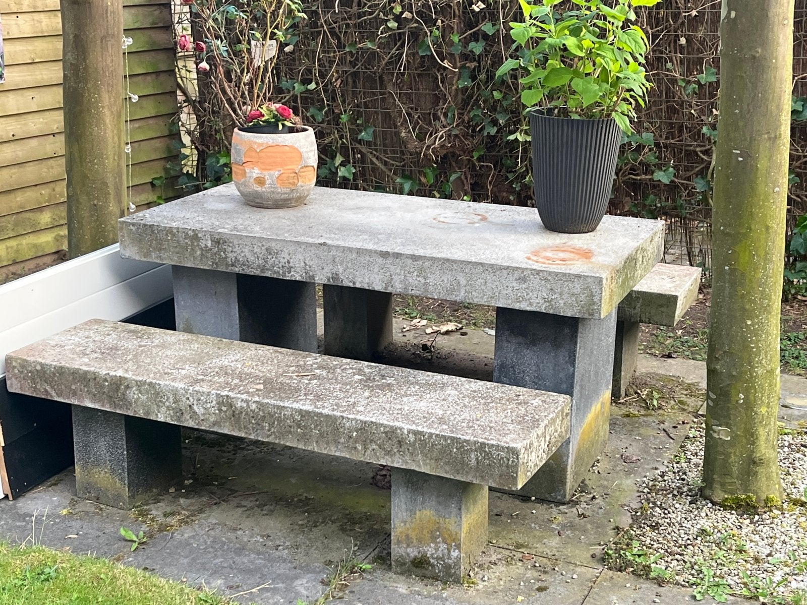 Terrazzo tuinset: 2 banken en 1 tafel, Ophalen, Gebruikt, Overige materialen, 4 zitplaatsen