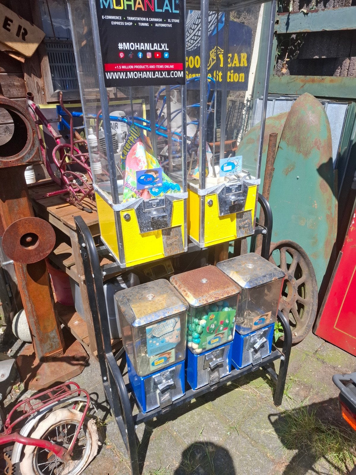 5 snoepautomaten op rek - Vintage kauwgomballenmachines, Ophalen, Gebruikt