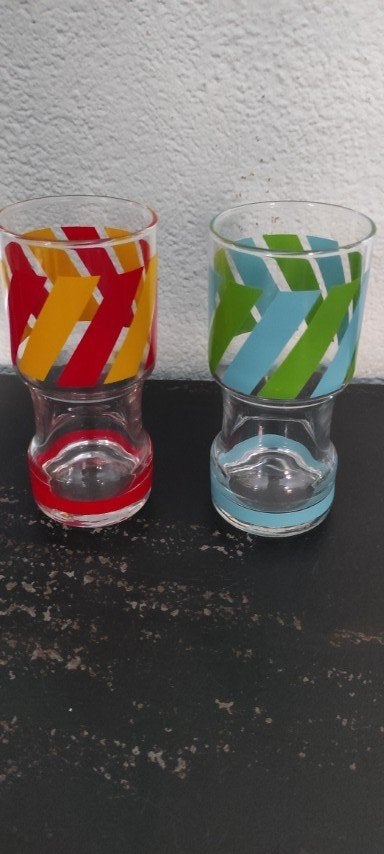 Vintage drinkglazen limonadeglazen gestreept 2x, Glas of Glazen, Gebruikt, Overige merken, Ophalen of Verzenden