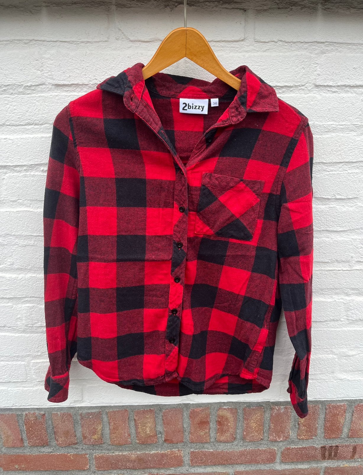 2Bizzy rood-zwarte geruiten flanellen blouse – maat 34 XS, Ophalen of Verzenden