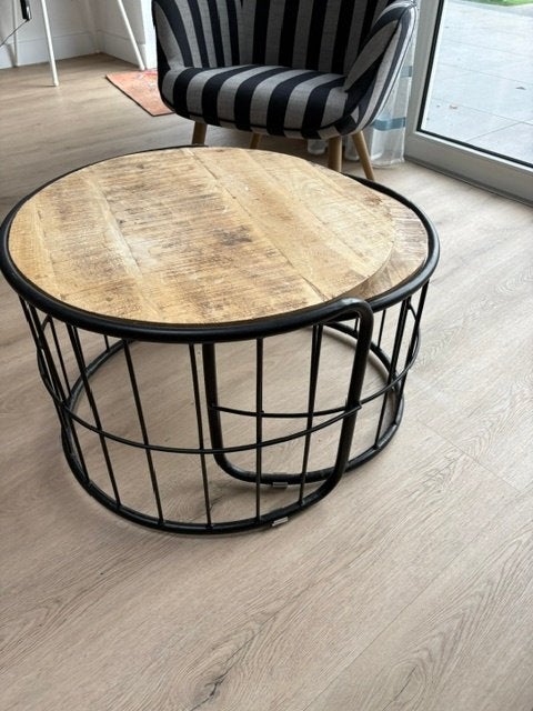 2 salontafeltjes met mangohout blad, Overige houtsoorten, Rond, Minder dan 50 cm, Zo goed als nieuw