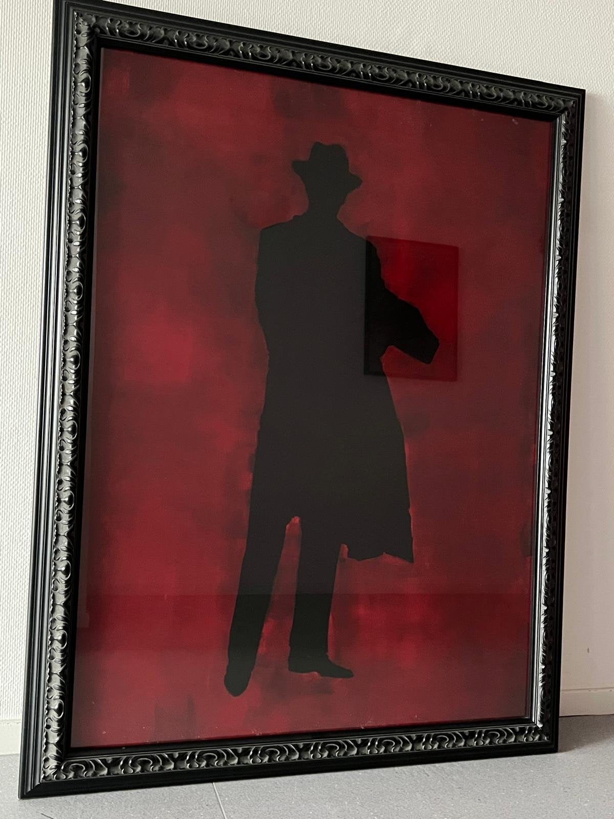 Groot schilderij met silhouet van man in hoed en jas, Ophalen