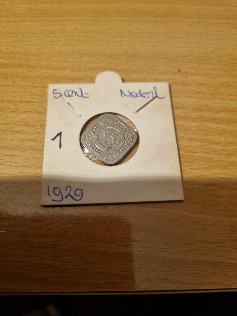 Nederland: een zeer mooie koper-nikkel 5 cent uit 1929, Ophalen of Verzenden, Koningin Wilhelmina, 5 cent, Losse munt