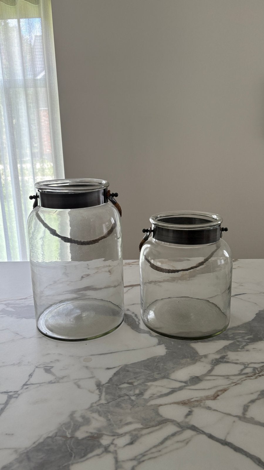 2 Exclusieve glazen potten ('t Sfeerpunt Rijssen), Huis en Inrichting, Ophalen, Transparant, Met deksel, Glas