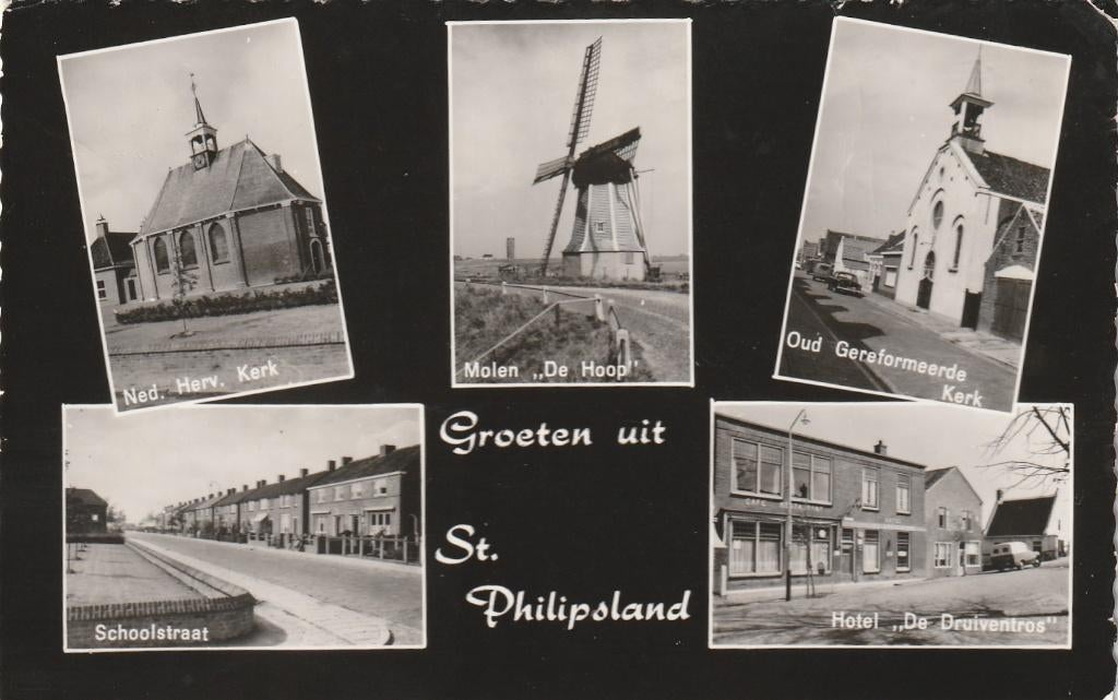 ST. PHILIPSLAND Kerken Molen Schoolstraat Hotel Groeten, Verzenden, 1960 tot 1980, Gelopen, Zeeland