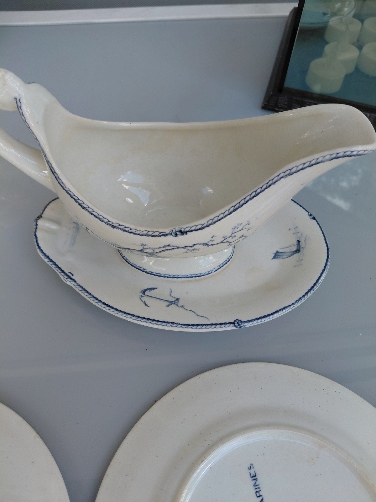 Antiek Frans Marines servies: 3 borden + juskom (1875), Antiek en Kunst, Ophalen of Verzenden