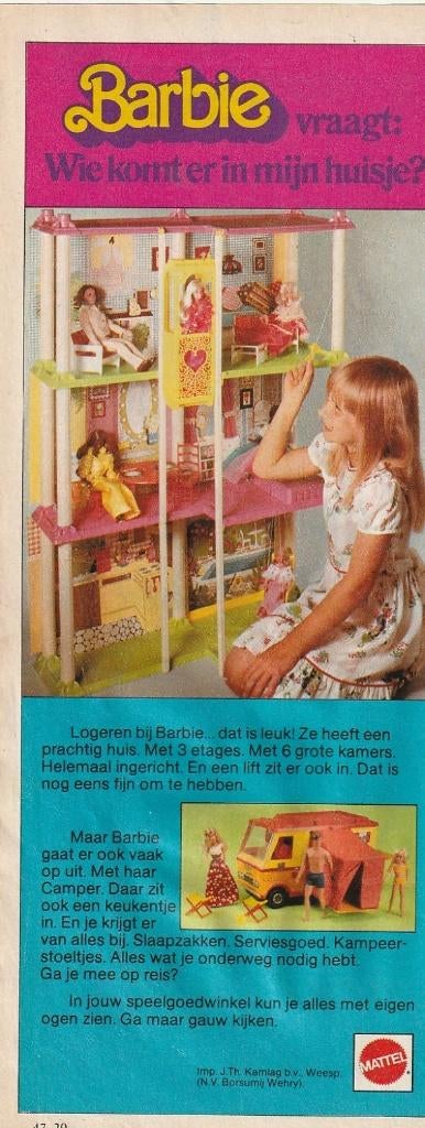 Retro reclame 1977 Mattel Barbie logeren in poppenhuis, Verzenden, Overige typen
