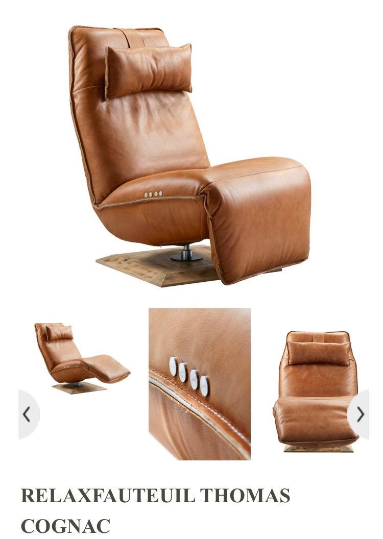 Elektrisch verstelbare relaxfauteuil  cognac leer, Ophalen, Gebruikt, 100 tot 125 cm, Leer
