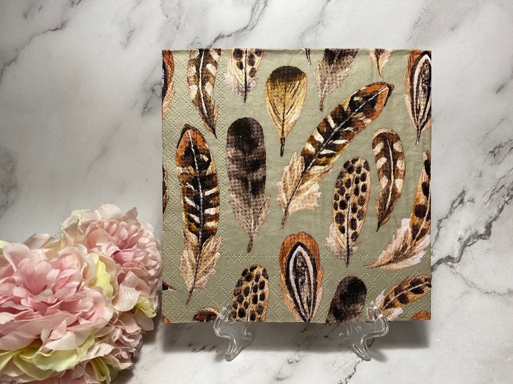 Knutsel servetten 33x33 cm bruine veren decoupage nr 689, Ophalen of Verzenden, Nieuw