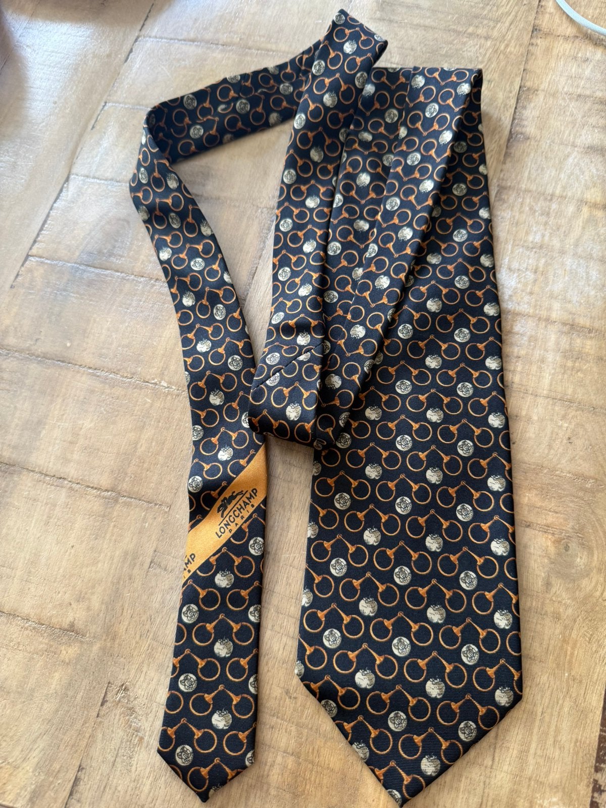 Originele vintage Longchamp Zijden Stropdas EquestrianMotief, Verzenden, Zo goed als nieuw, Met patroon