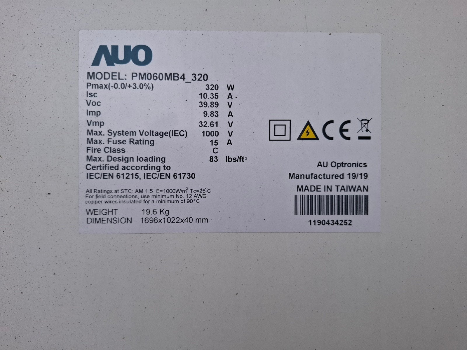 AUO Zonnepaneel PM060MB4_320 - 320Wp, Doe-het-zelf en Verbouw, Overige Doe-het-zelf en Verbouw, Ophalen, Gebruikt