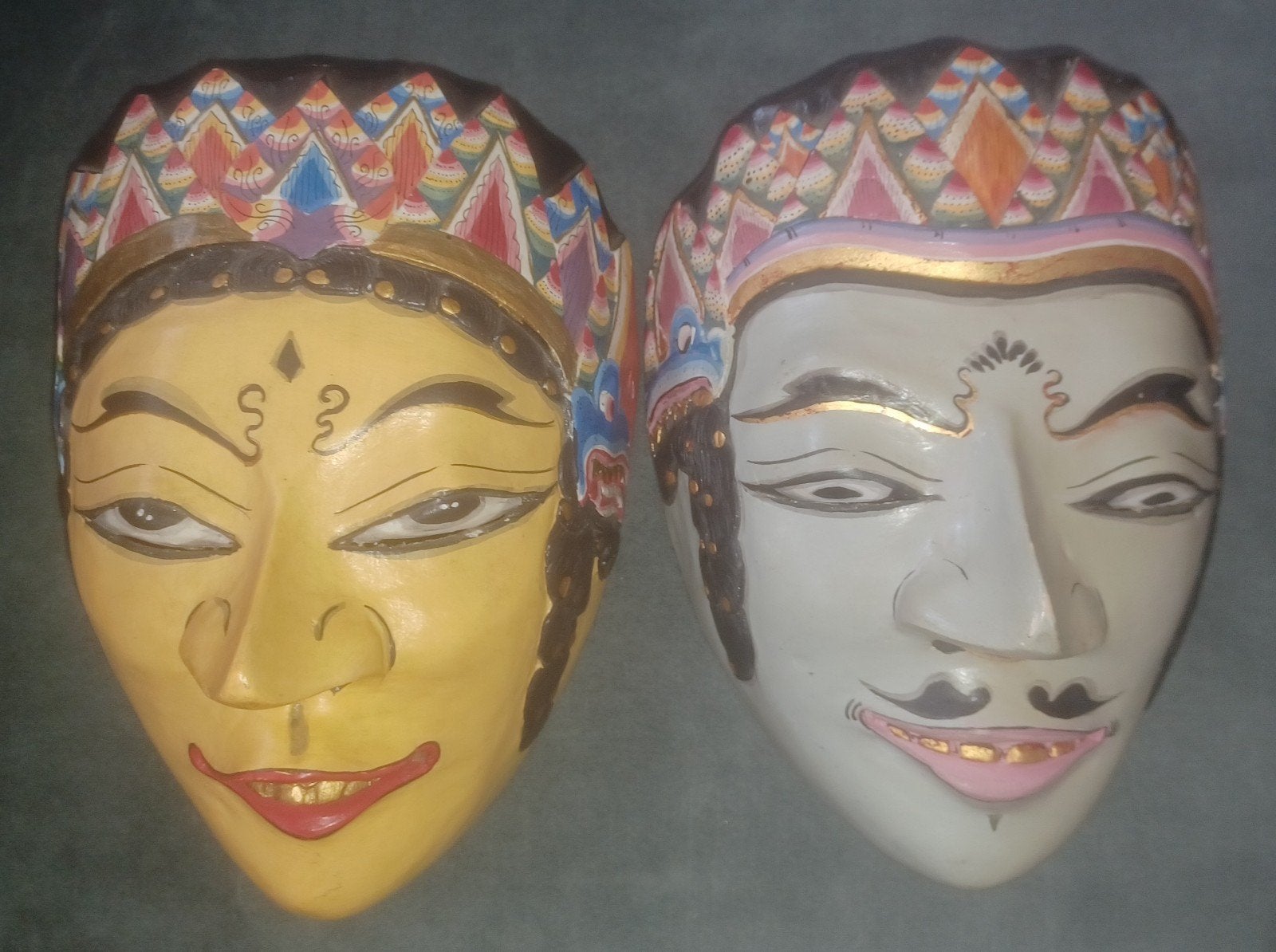 Mooie vintage set Topeng Indonesië Java dans masker handwerk, Antiek en Kunst, Ophalen of Verzenden