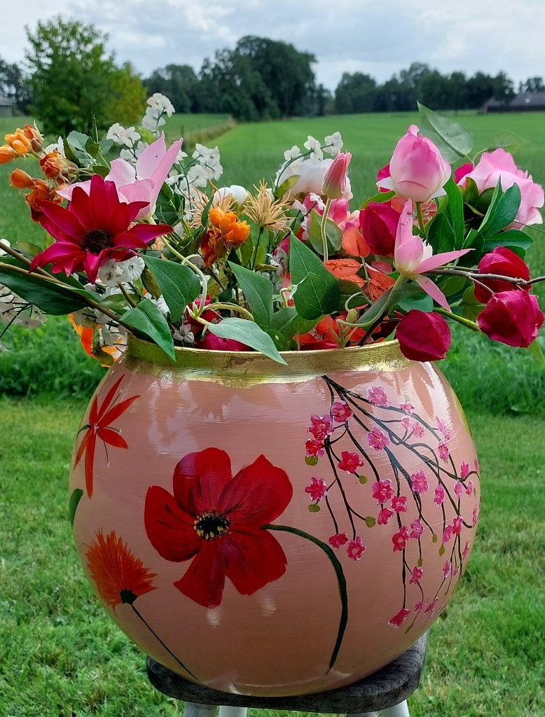 Atelier opruiming vaas zalm roze handgeschilderd, Ophalen, Handgemaakt, 30 cm, Nieuw
