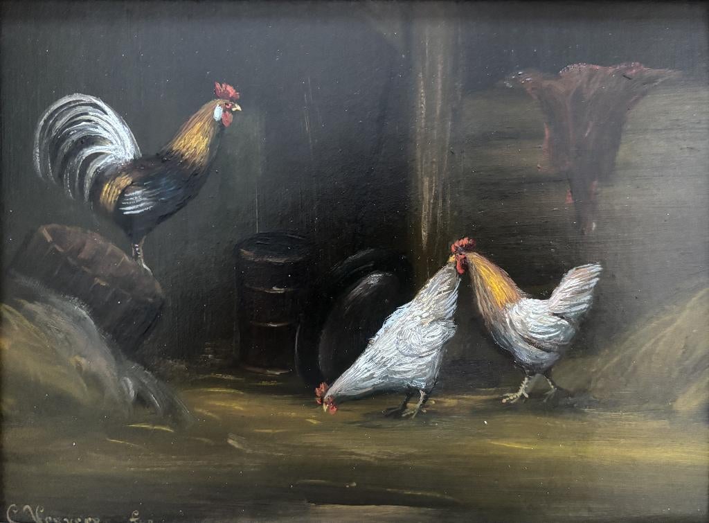 Hollandse school (XX) C. Verveer - Haan met kippen in stal, Antiek en Kunst, Ophalen of Verzenden