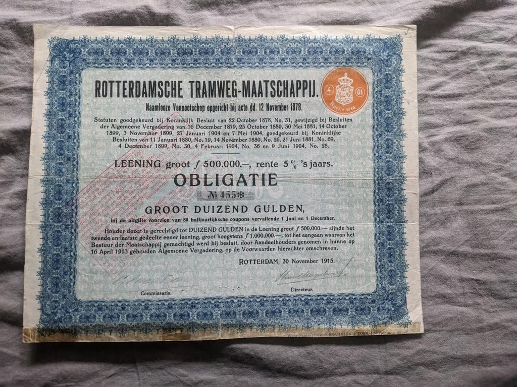 Obligatie RTM Rotterdam - 1915, Ophalen of Verzenden, Gebruikt, Tram
