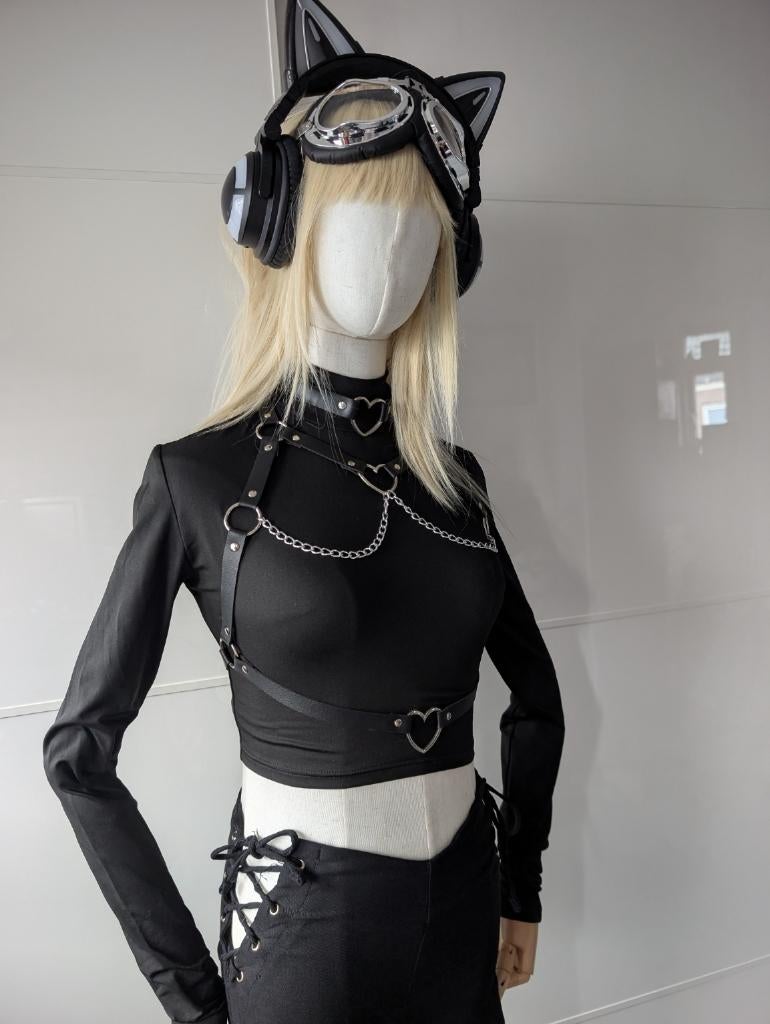 CYBER Y2K Techwear Set | Zwarte Crop Top + Body Harness, Harajuku, Zwart, Ophalen of Verzenden, Zo goed als nieuw