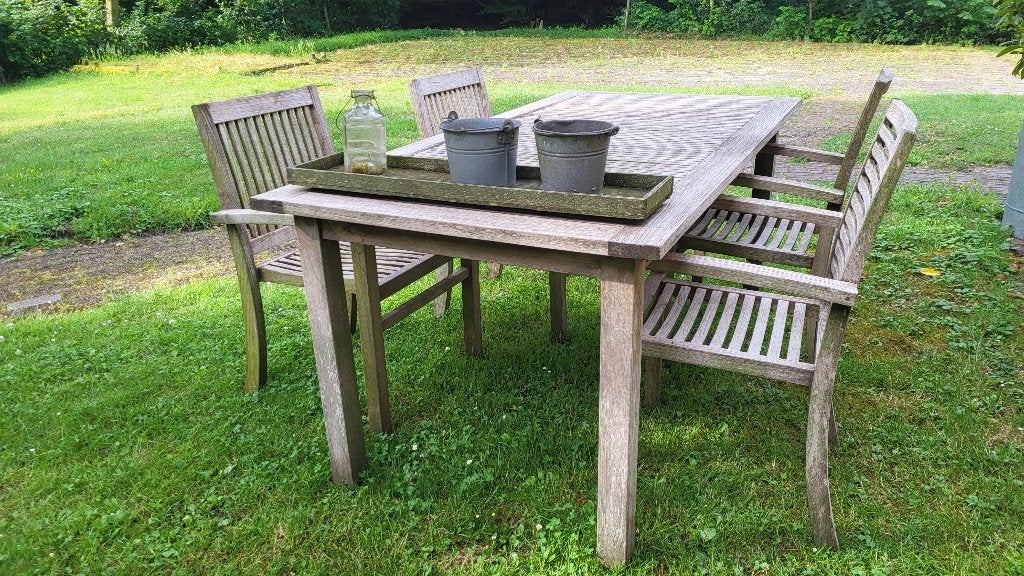 Hardhouten tuinset – 4 stoelen + tafel, Ophalen, 4 zitplaatsen, Gebruikt, Hardhout