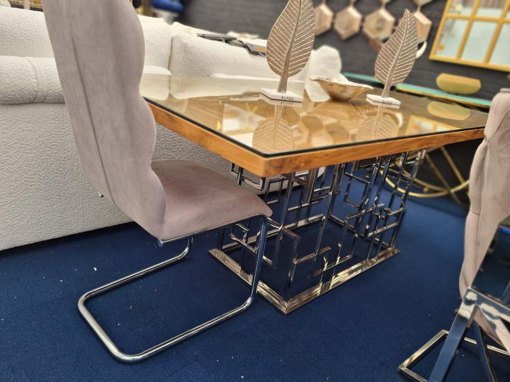 Eettafel met zilver poten en eiken blad, Nieuw, 150 tot 200 cm, Baran meubels, Rechthoekig