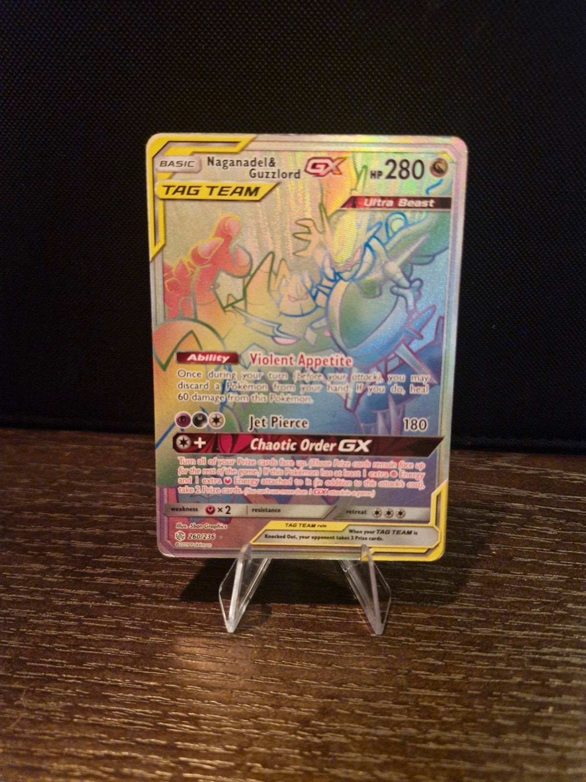 Naganadel & Guzzlord GX Tag Team Pokémon Kaart, Ophalen of Verzenden, Gebruikt, Losse kaart, Foil