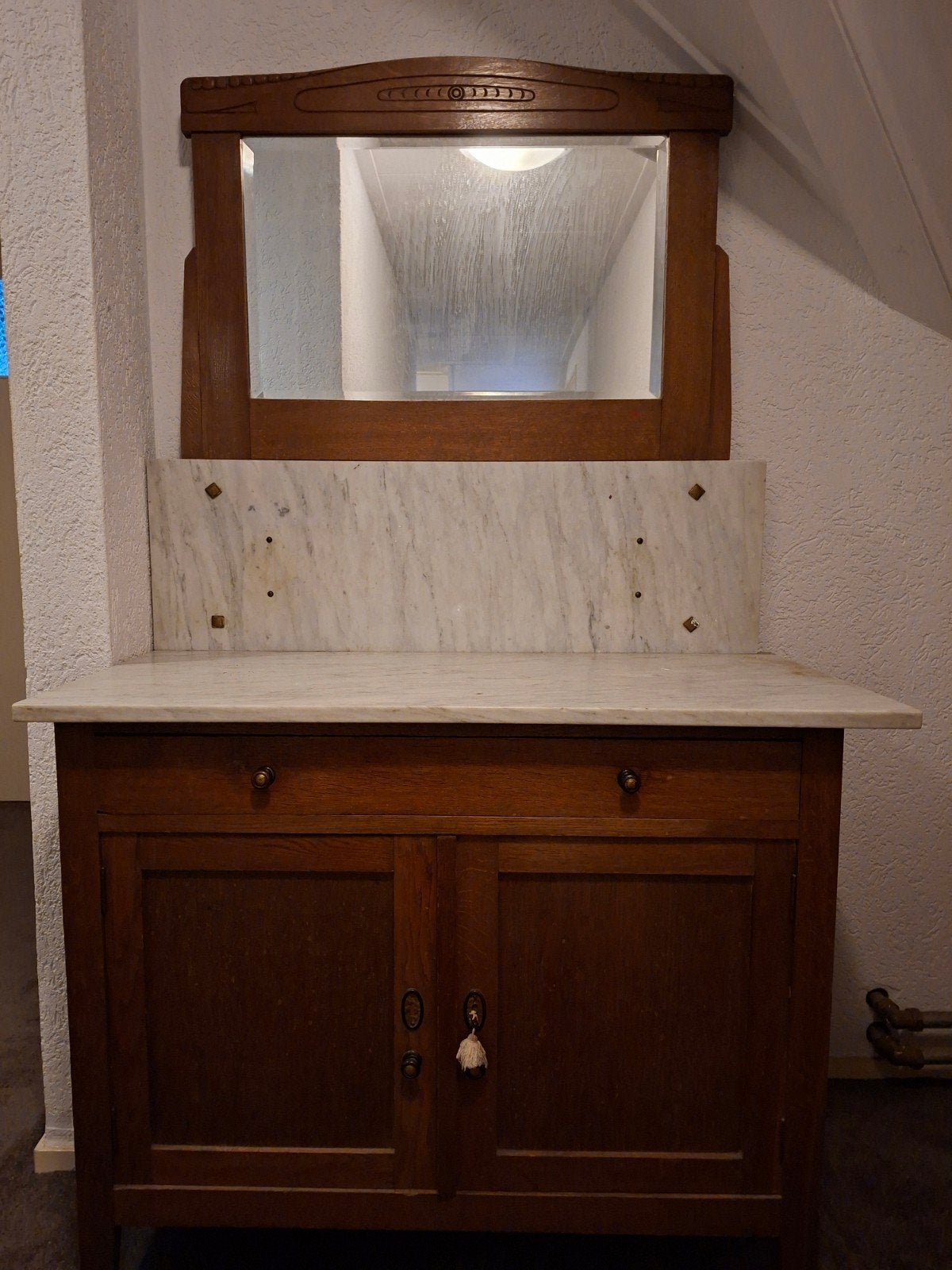 Antieke wastafel met marmeren blad en spiegel, Antiek en Kunst, Ophalen