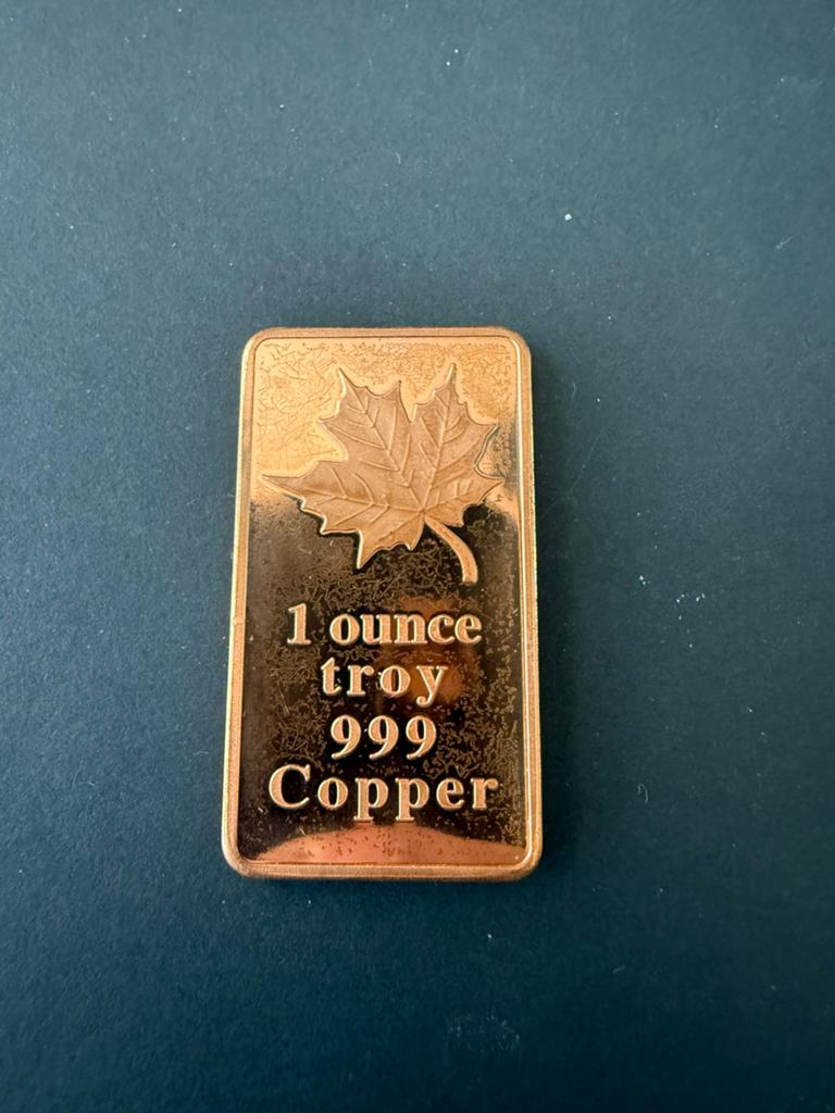 1 Troy Ounce 999 Koperen Staaf - Maple Leaf Design, Postzegels en Munten, Edelmetalen en Baren, Koper, Ophalen of Verzenden